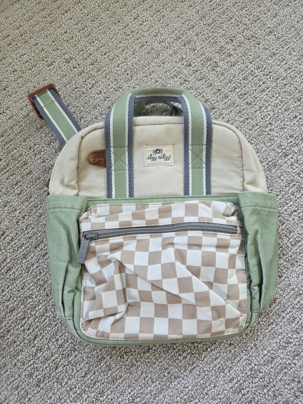 Itzy Ritzy Green & Cream Check Front Pocket Canvas Mini Backpack
